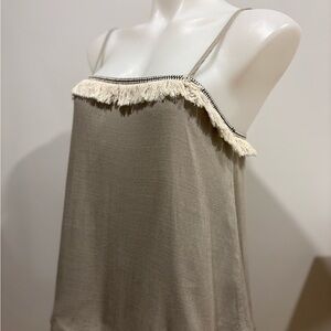 Lost in Lunar-Fringed Spaghetti-Strap Tank Top in Taupe